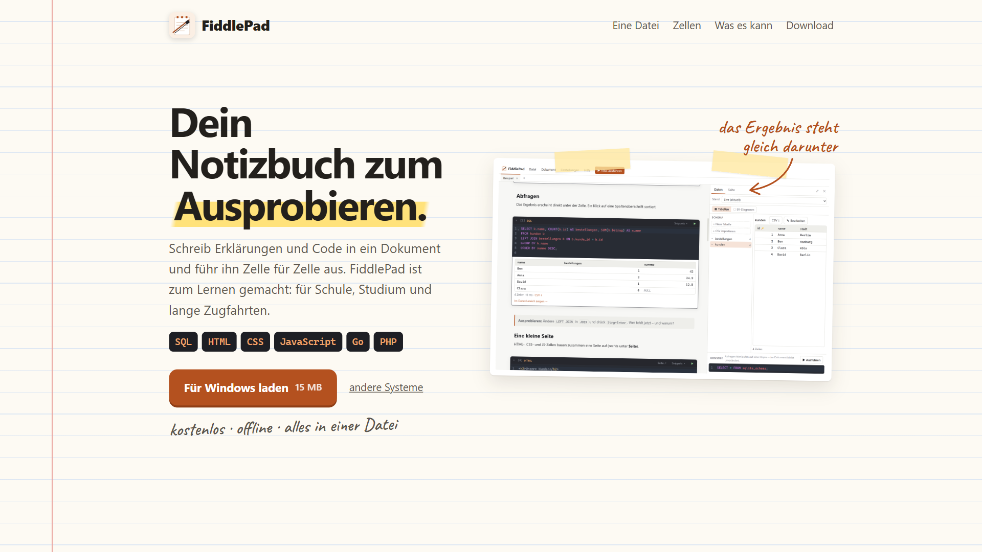 Startseite von FiddlePad im Schulheft-Look: „Dein Notizbuch zum Ausprobieren.“ mit eingeklebtem Screenshot der App