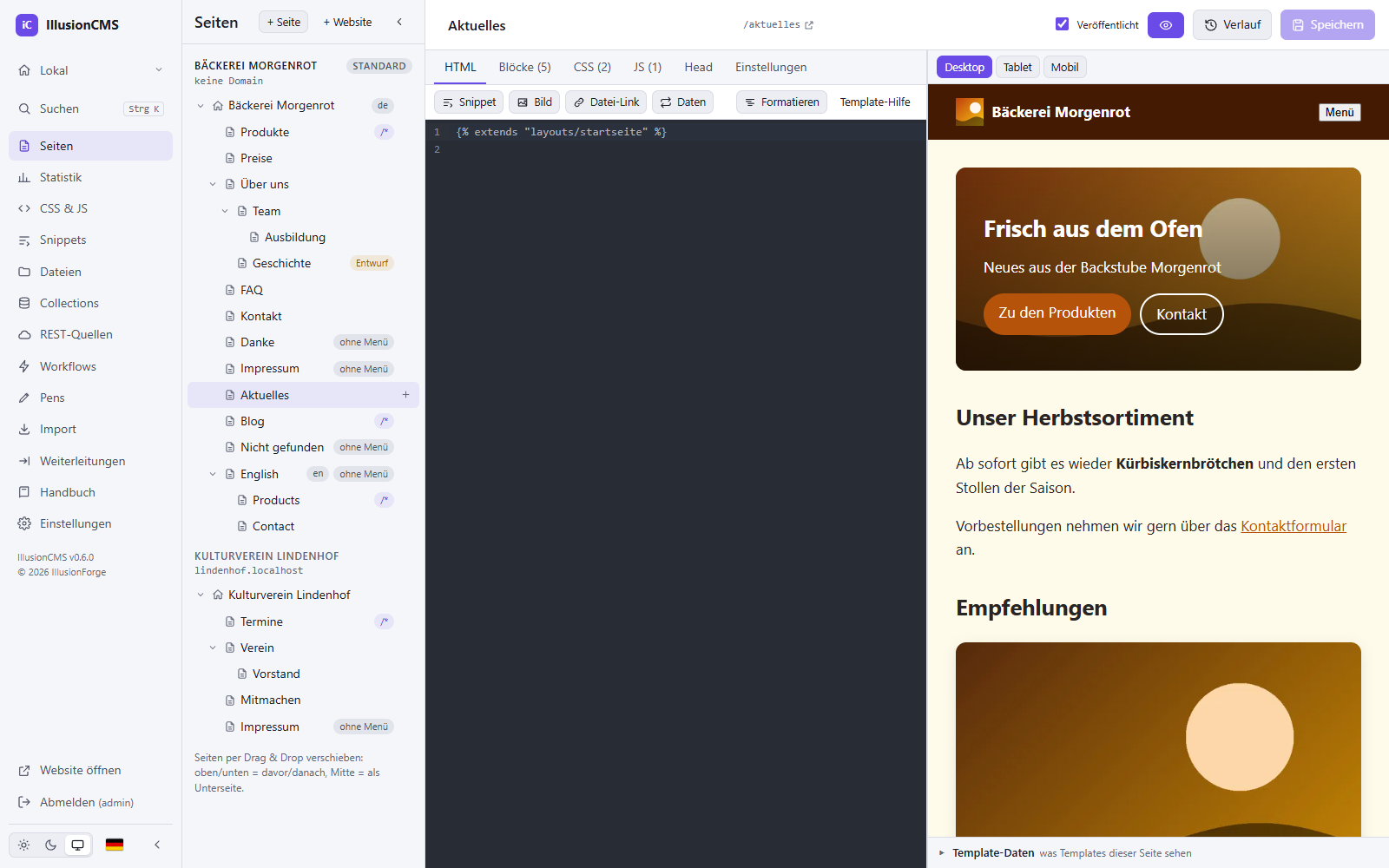IllusionCMS: Seiten-Editor mit Seitenbaum, Code-Editor und Live-Vorschau