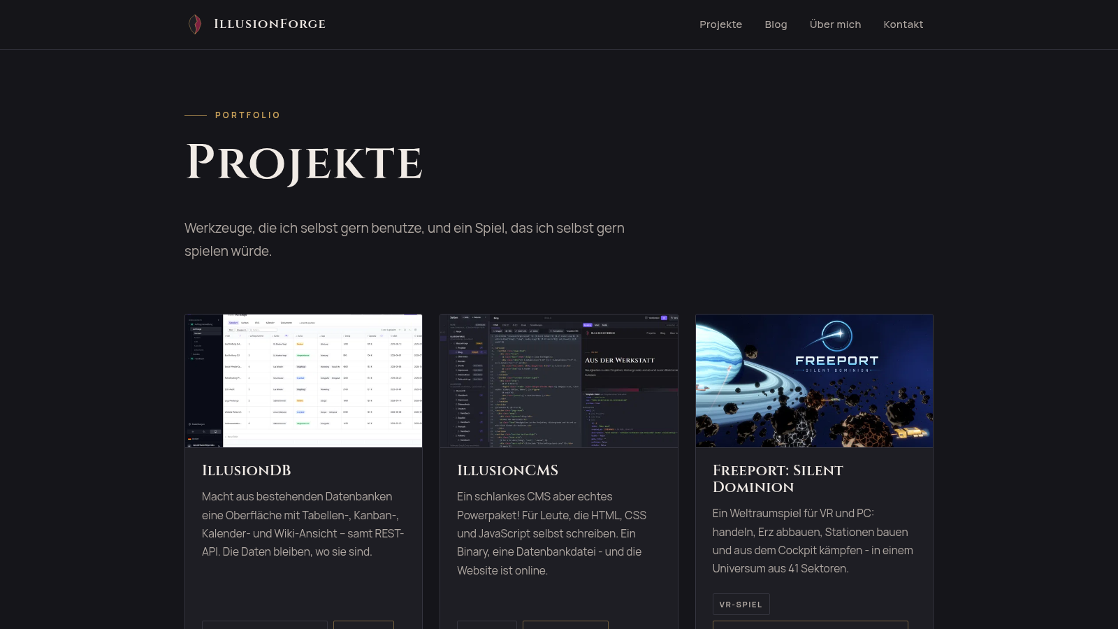 Projektübersicht von illusionforge.rocks mit IllusionDB, IllusionCMS und Freeport