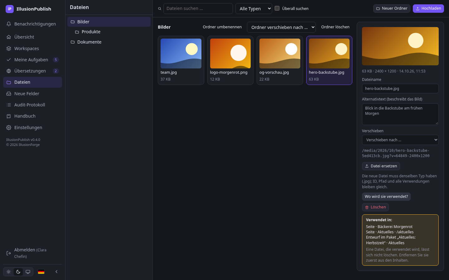 Die Galerie zeigt, wo eine Datei benutzt wird, auch in Entwürfen offener Pakete.