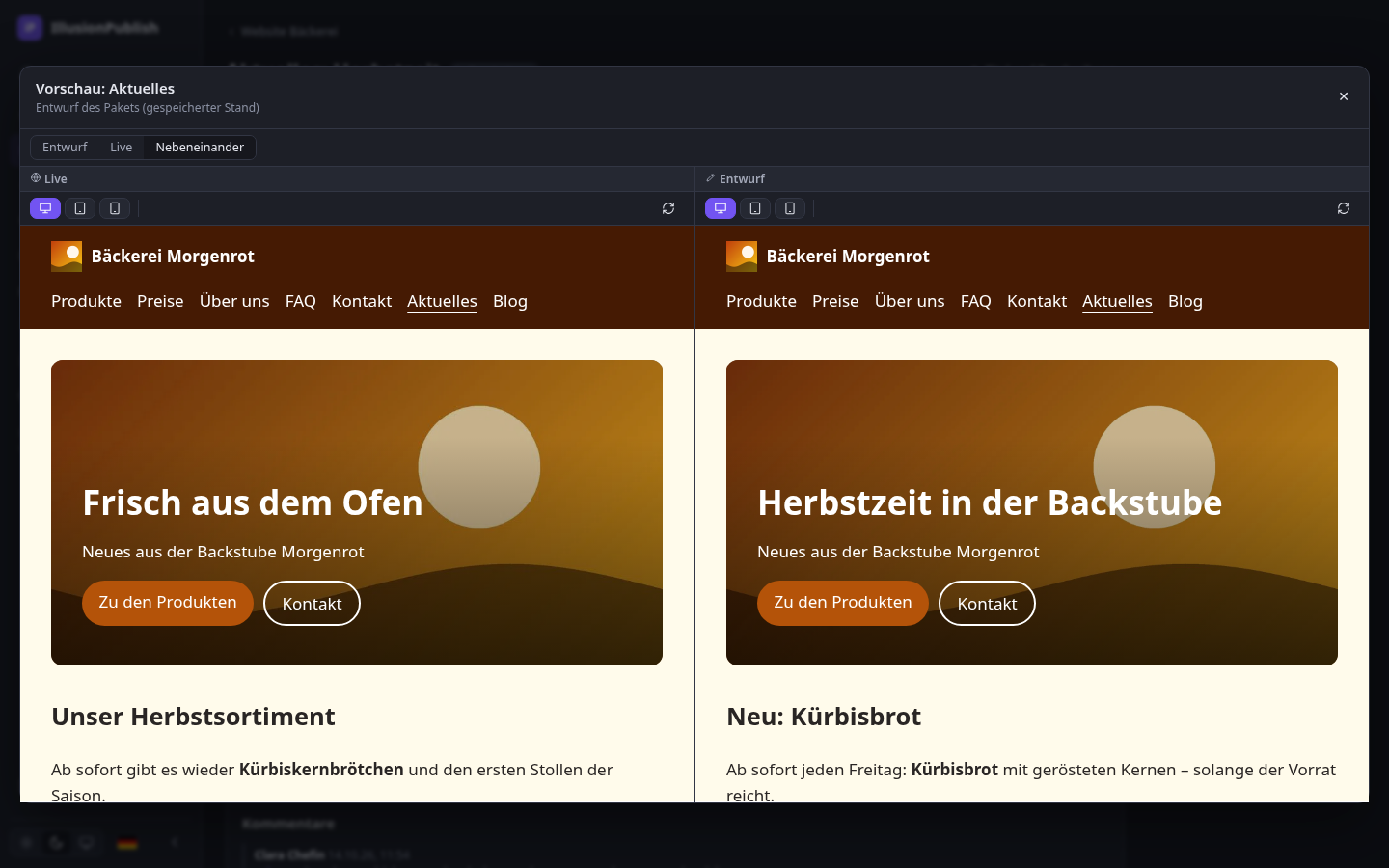 Live und Entwurf nebeneinander.