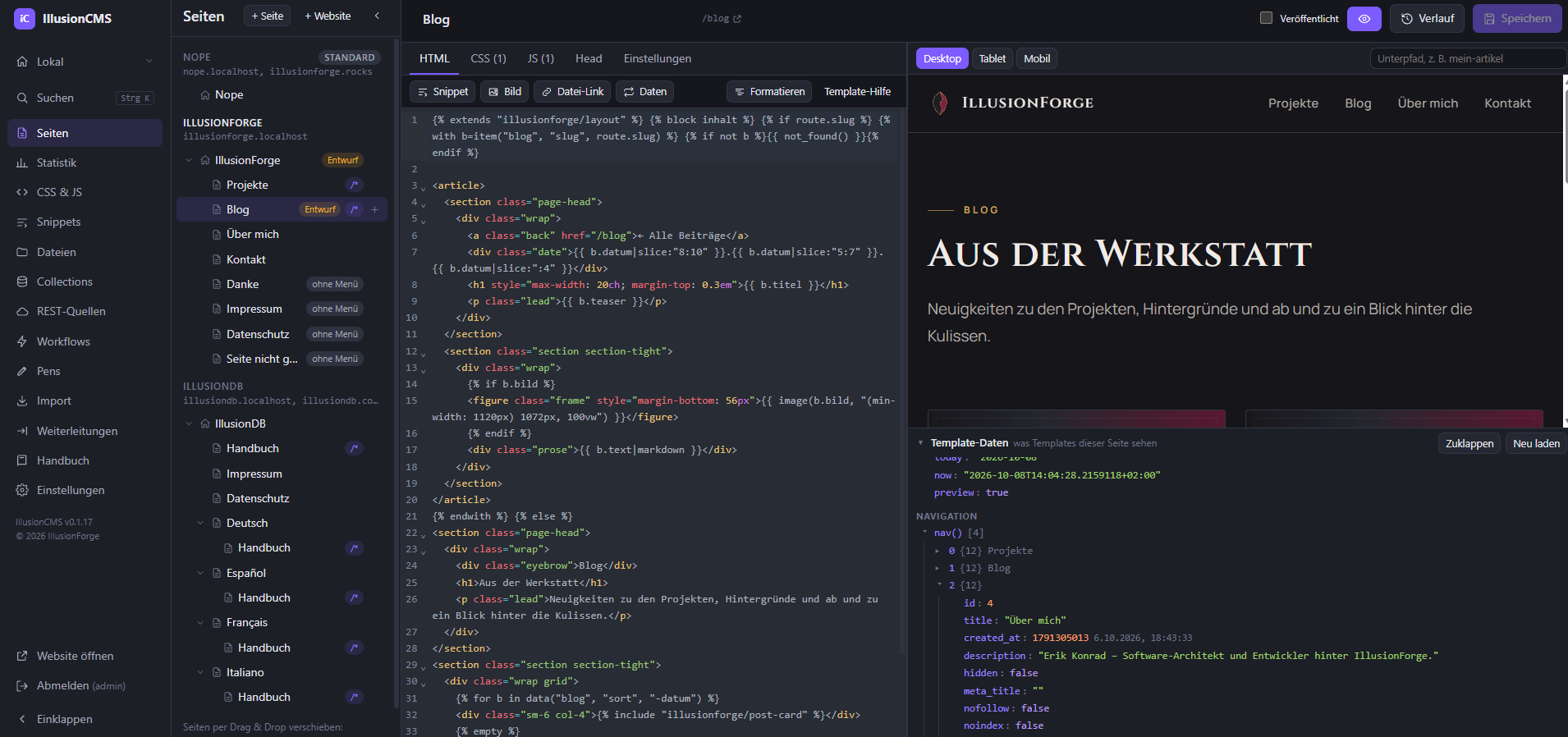 IllusionCMS Website Editor mit Templating Engine und Variablen Debugger