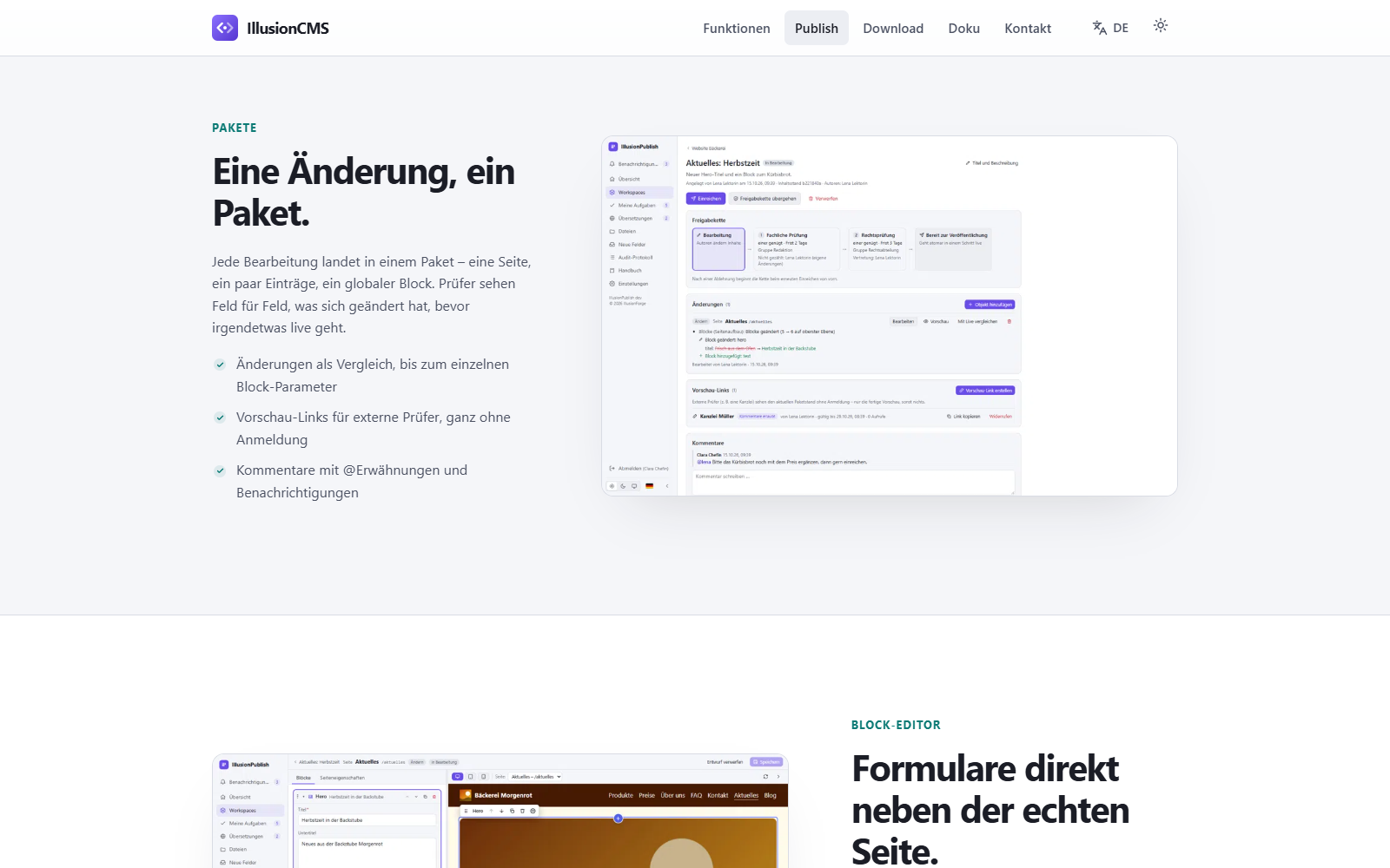 Der Publish-Rundgang: Text links, echter Screenshot rechts, abwechselnd.