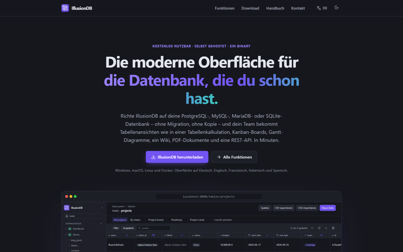 Die Startseite von illusiondb.com im dunklen Design.